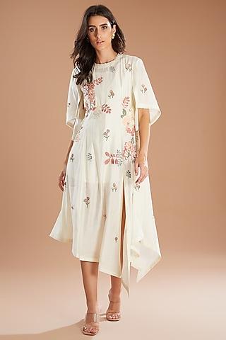 ivory chanderi applique floral embroidered asymmetric dress
