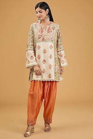 ivory chanderi dori embroidered & printed short kurta set