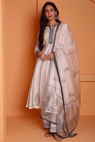 ivory chanderi embroidered & printed anarkali set