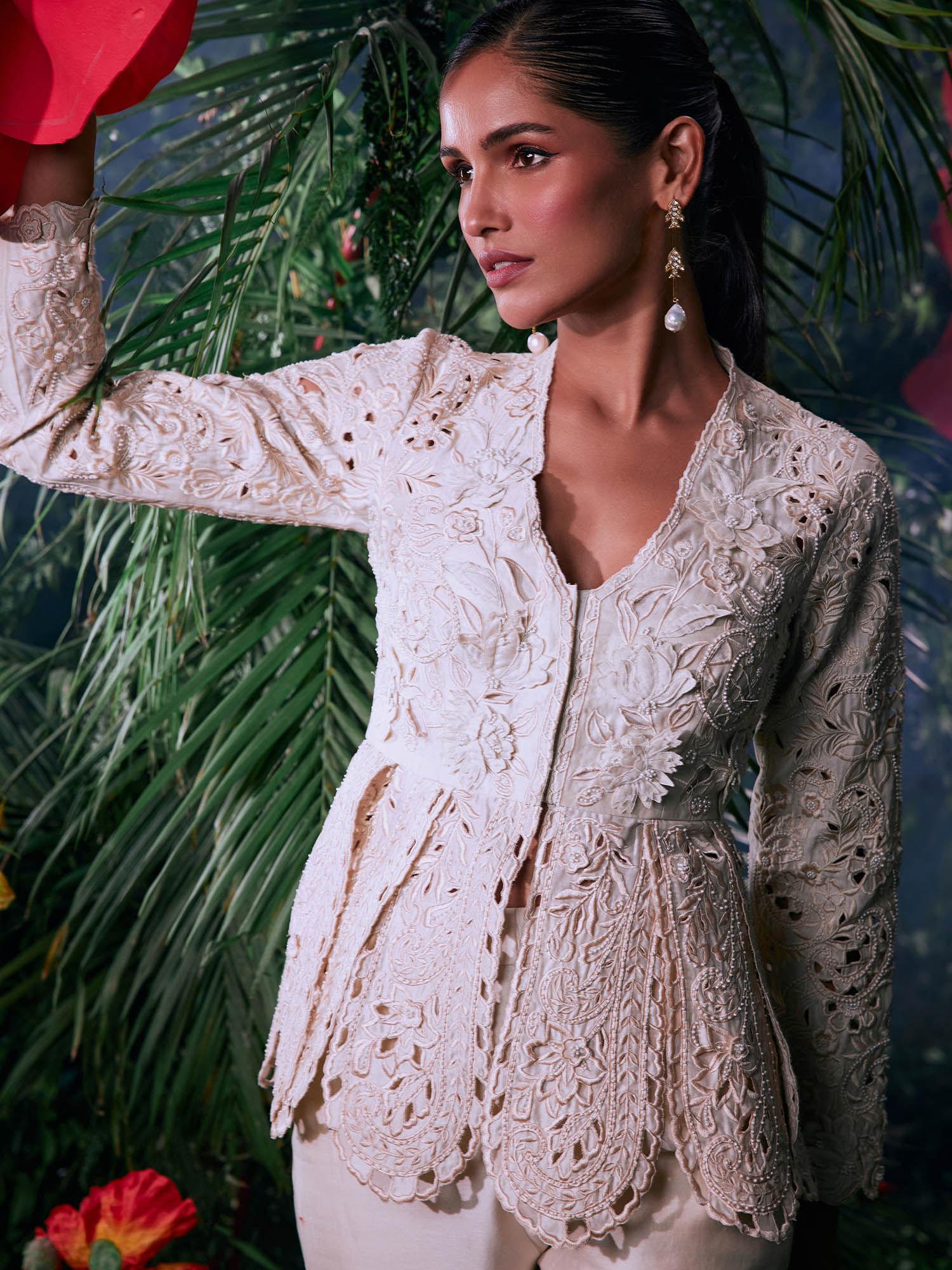 ivory chanderi embroidered full sleeves v-neck bead work jacket