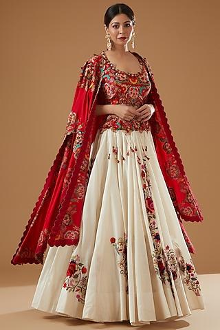 ivory chanderi embroidered jacket lehenga set