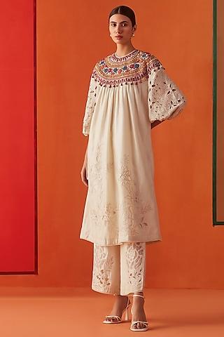 ivory chanderi embroidered kurta set