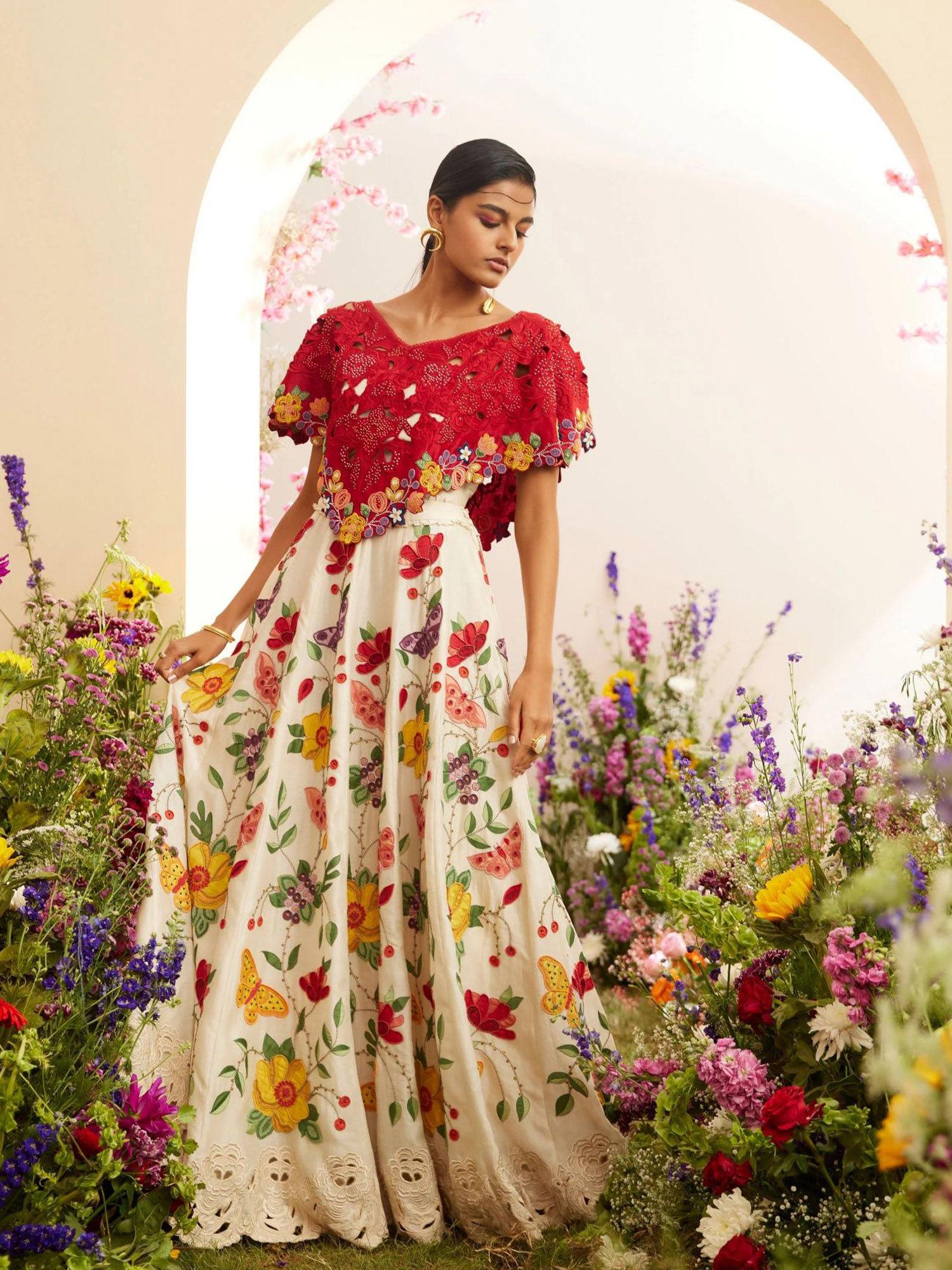 ivory chanderi floral applique lehenga