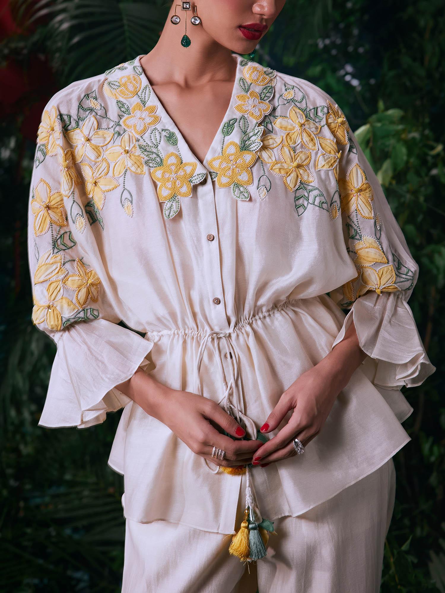 ivory chanderi floral bell sleeves v-neck bead work shirt