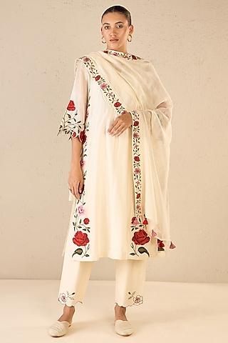 ivory chanderi floral embroidered kalidar kurta set