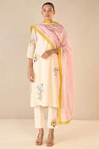 ivory chanderi floral embroidered kurta set