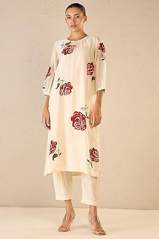 ivory chanderi floral embroidered kurta set