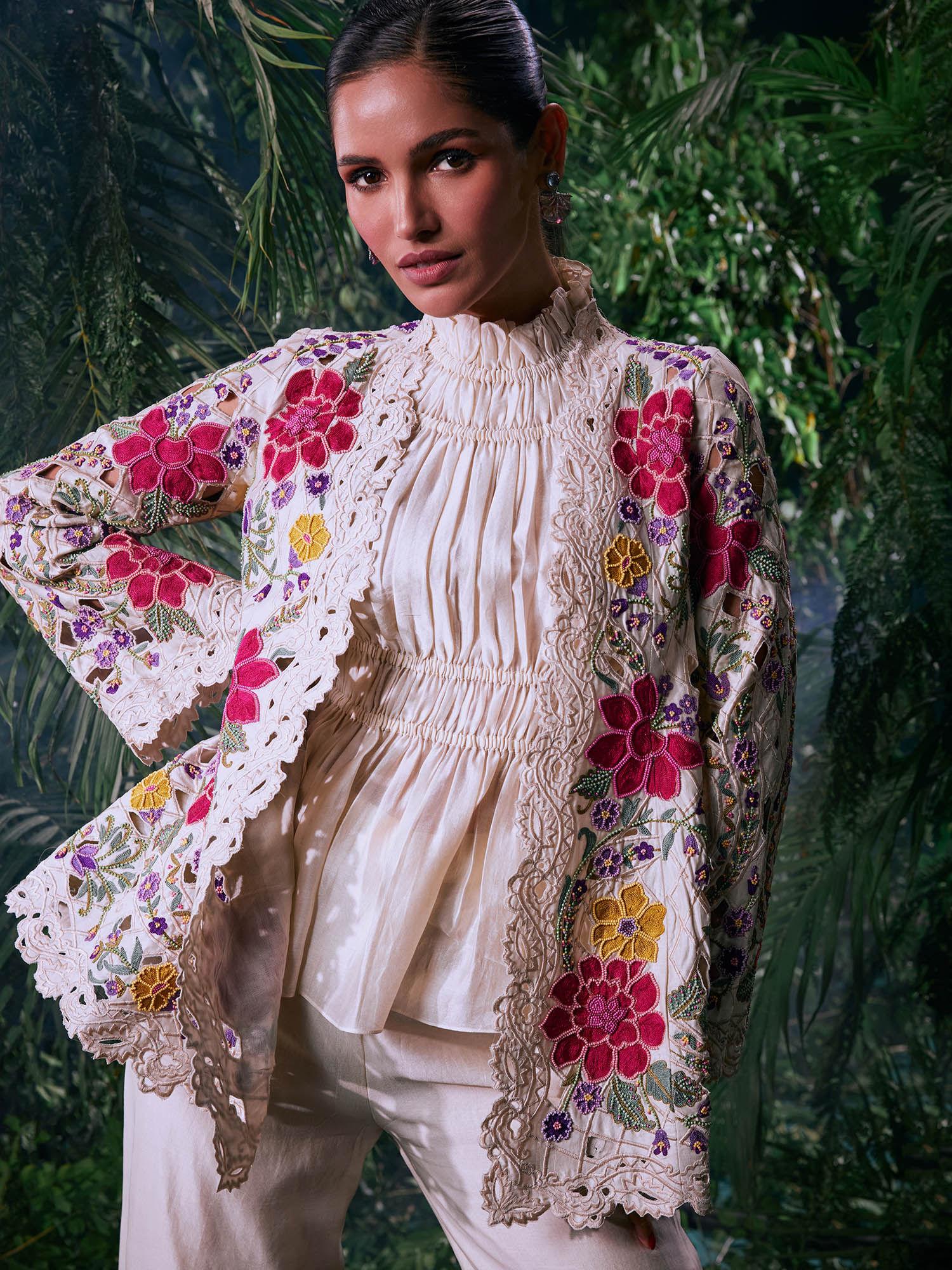 ivory chanderi floral full sleeves bead work jacket