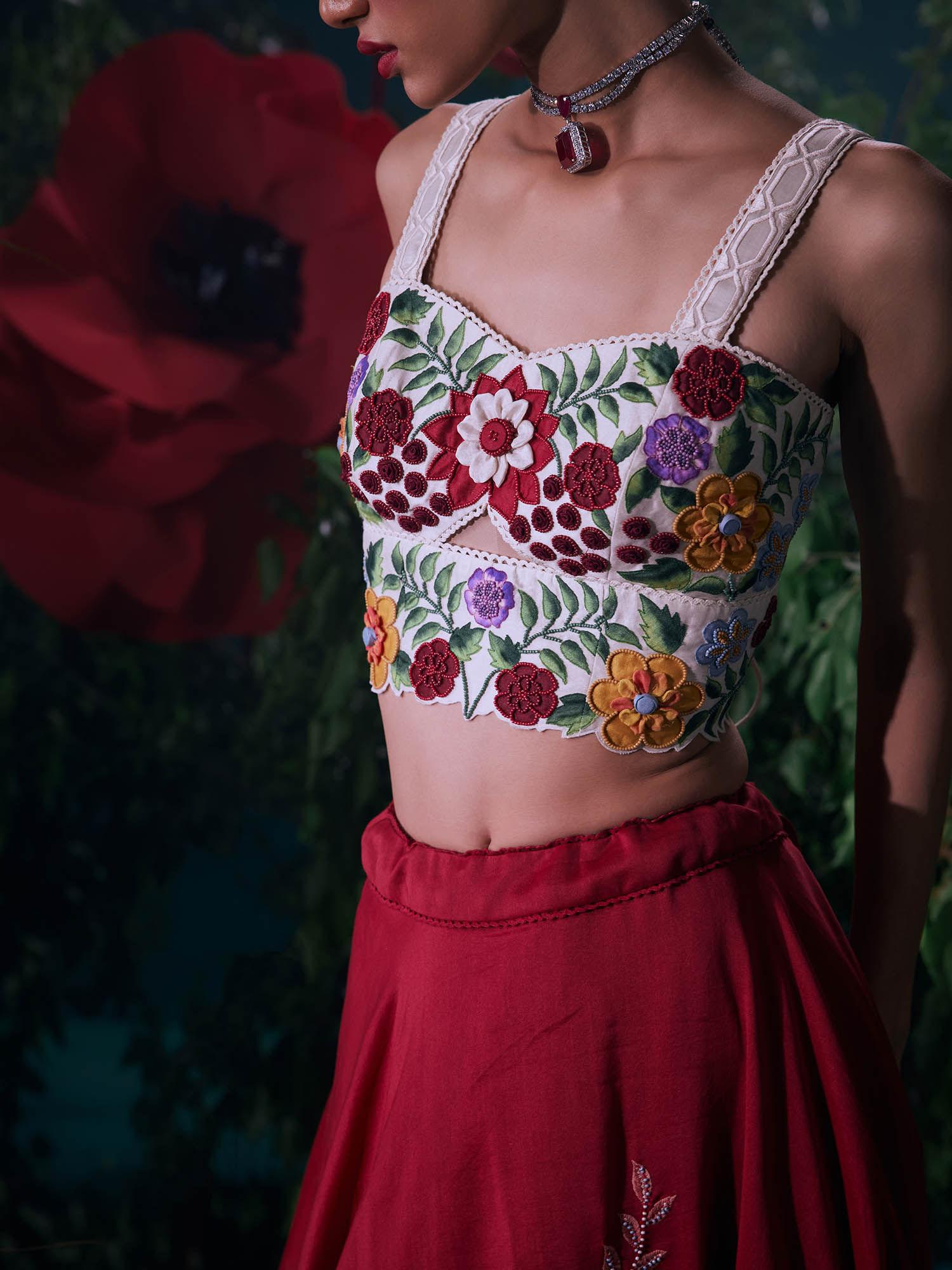 ivory chanderi floral sleeveless sweetheart bead work crop top