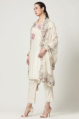 ivory chanderi floral thread embroidered kurta set