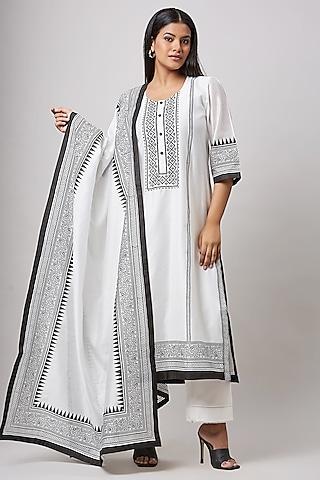 ivory chanderi hand block printed kurta set