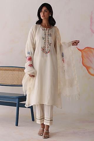 ivory chanderi hand embroidered kurta set