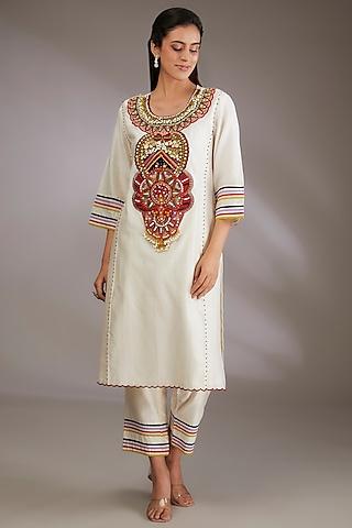 ivory chanderi hand embroidered kurta set