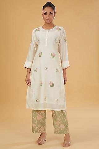 ivory chanderi hand embroidered tunic set