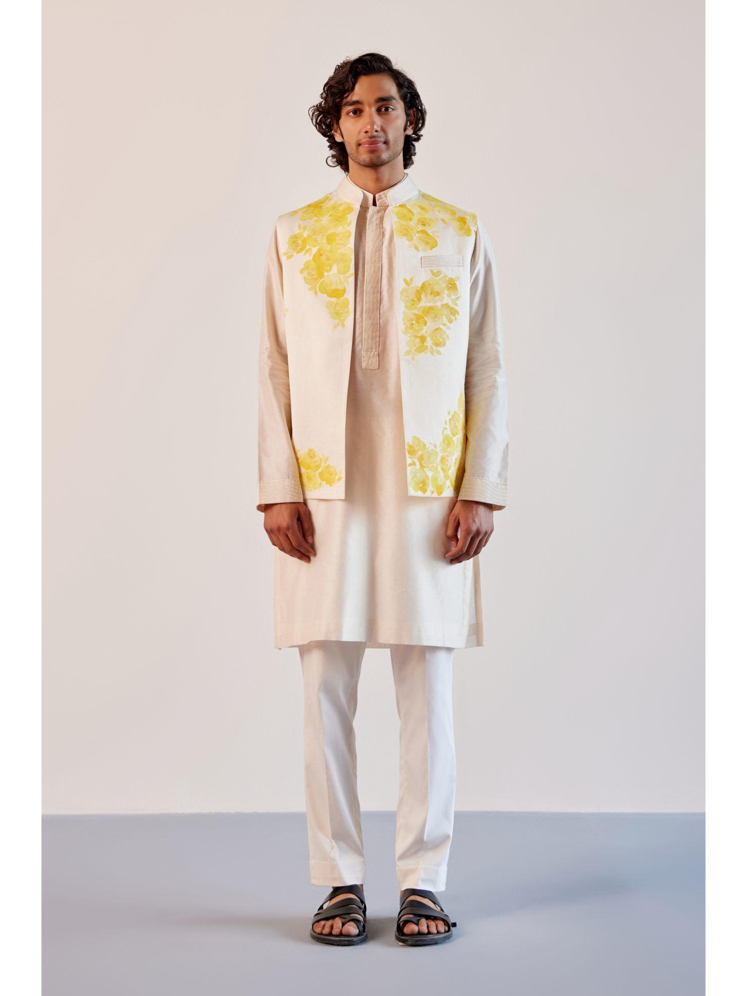 ivory chanderi kurta with pant and bundi jacket (set of 3)