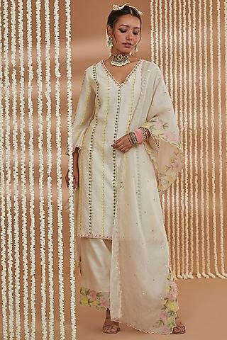 ivory chanderi resham embroidered kurta set