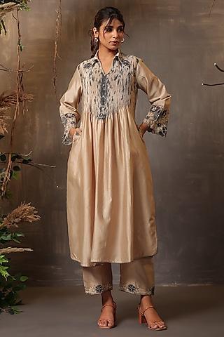 ivory chanderi silk applique & cutwork embroidered shibori kurta set