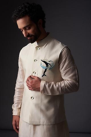 ivory chanderi silk applique embroidered nehru jacket