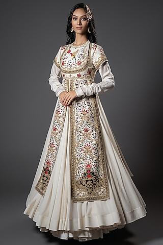 ivory chanderi silk floral embroidered anarkali set