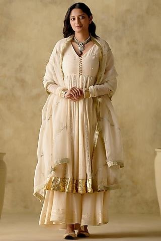 ivory chanderi silk hand embroidered anarkali set