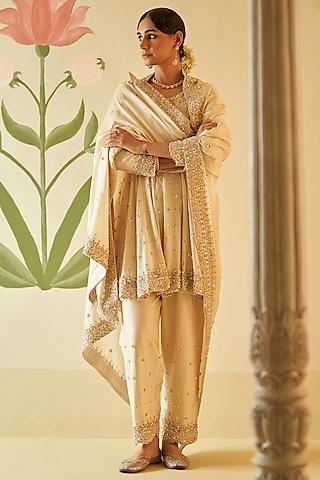 ivory chanderi silk sequins & pearls embroidered anarkali set