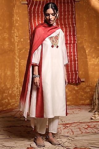 ivory chanderi silk tribal embroidered & color blocked kurta set