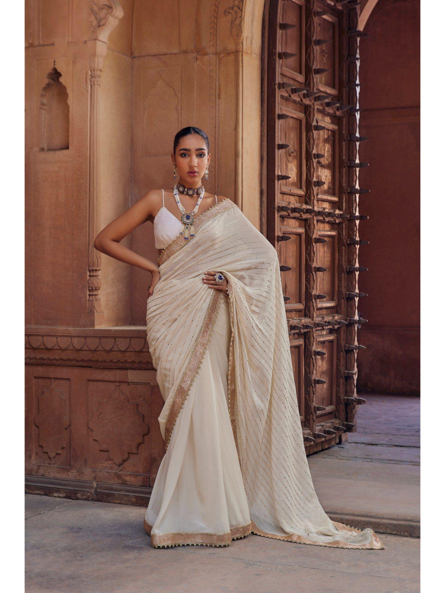 ivory chandni saree with stitched blouse