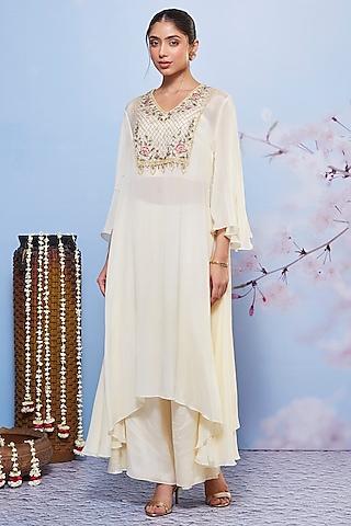 ivory chiffon & cotton lycra embroidered kurta set