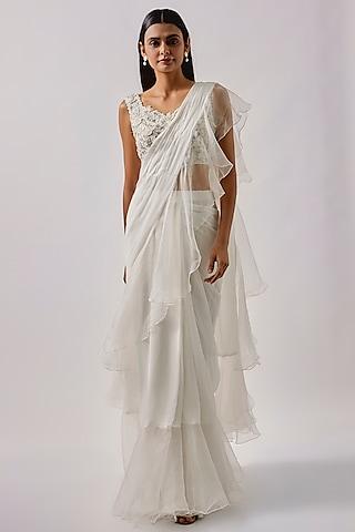 ivory chiffon draped ruffle saree set