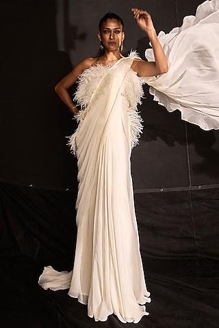 ivory chiffon feather embellished draped gown saree