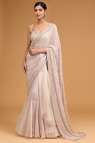 ivory chiffon sequins embroidered ruffled saree set