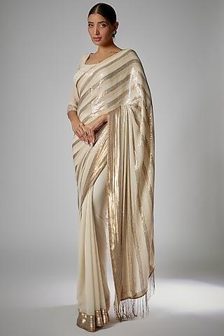 ivory chiffon sequins embroidered saree set