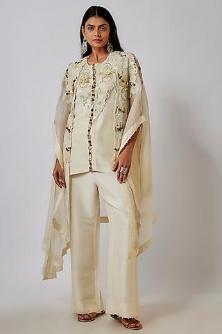 ivory china dupion & organza thread embroidered kurta set