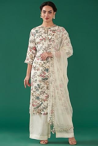 ivory chinon chiffon printed & hand embroidered kurta set