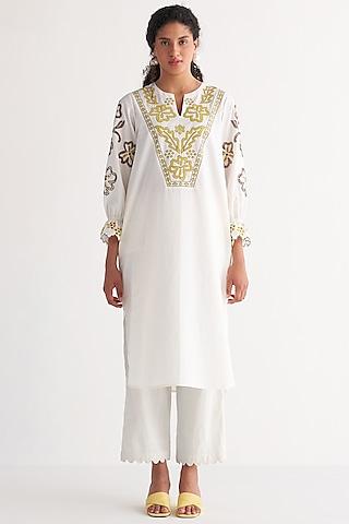 ivory cotton cambric embroidered kurta set