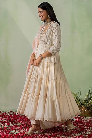 ivory cotton cambric zari embroidered layered anarkali set