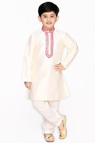 ivory cotton embroidered kurta set for boys
