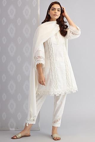 ivory cotton embroidered kurta set