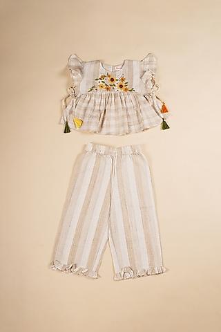 ivory cotton linen blend printed & embroidered co-ord set for girls