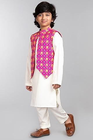 ivory cotton satin kurta set with bundi jacket for boys