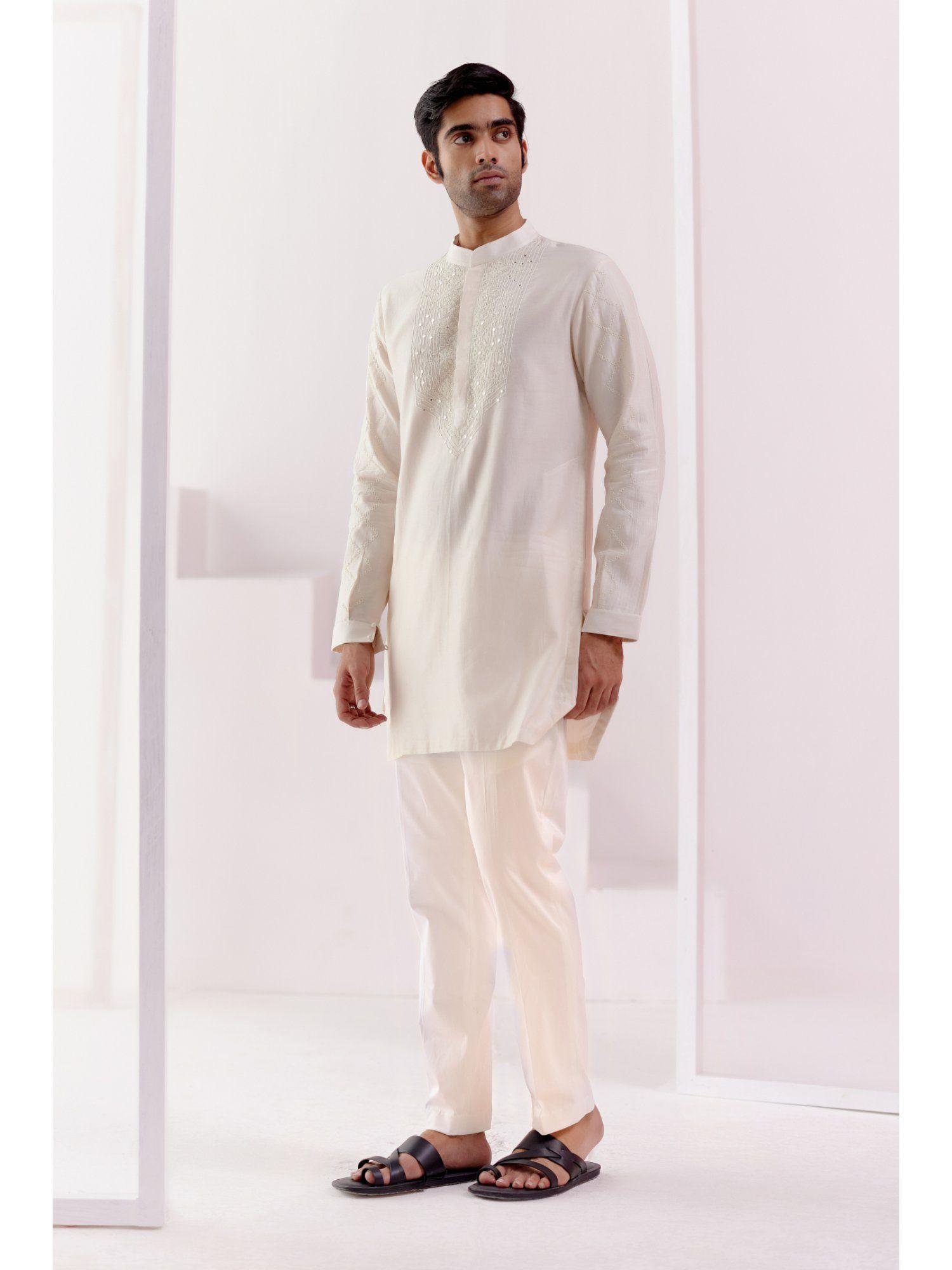 ivory cotton silk blend pin tucks kurta (set of 2)