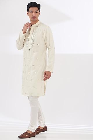 ivory cotton silk embroidered kurta set