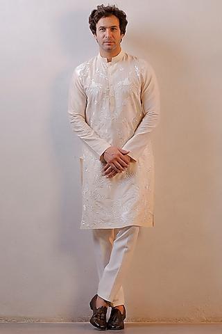 ivory cotton silk embroidered kurta set