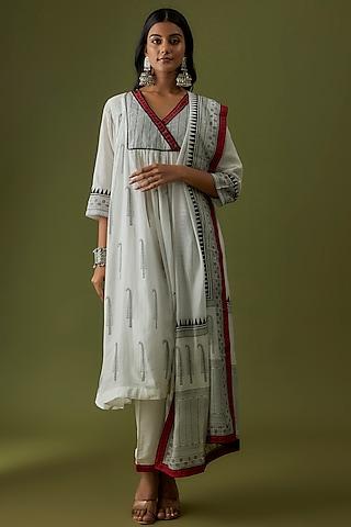 ivory cotton silk hand blocked printed & embroidered kurta set