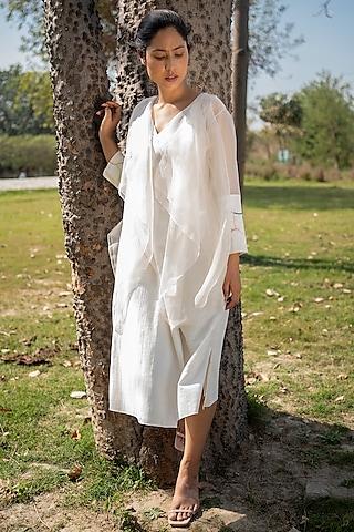 ivory cotton slub machine embroidered jacket dress