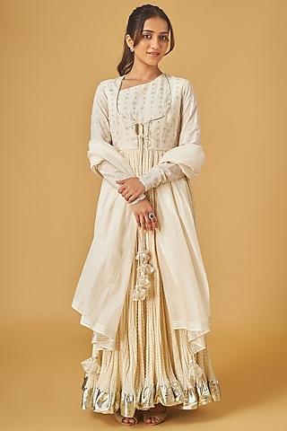 ivory cotton thread embroidered kalidar kurta set