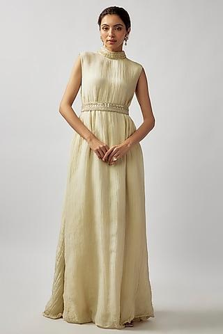 ivory crushed tissue a-line gown with belt