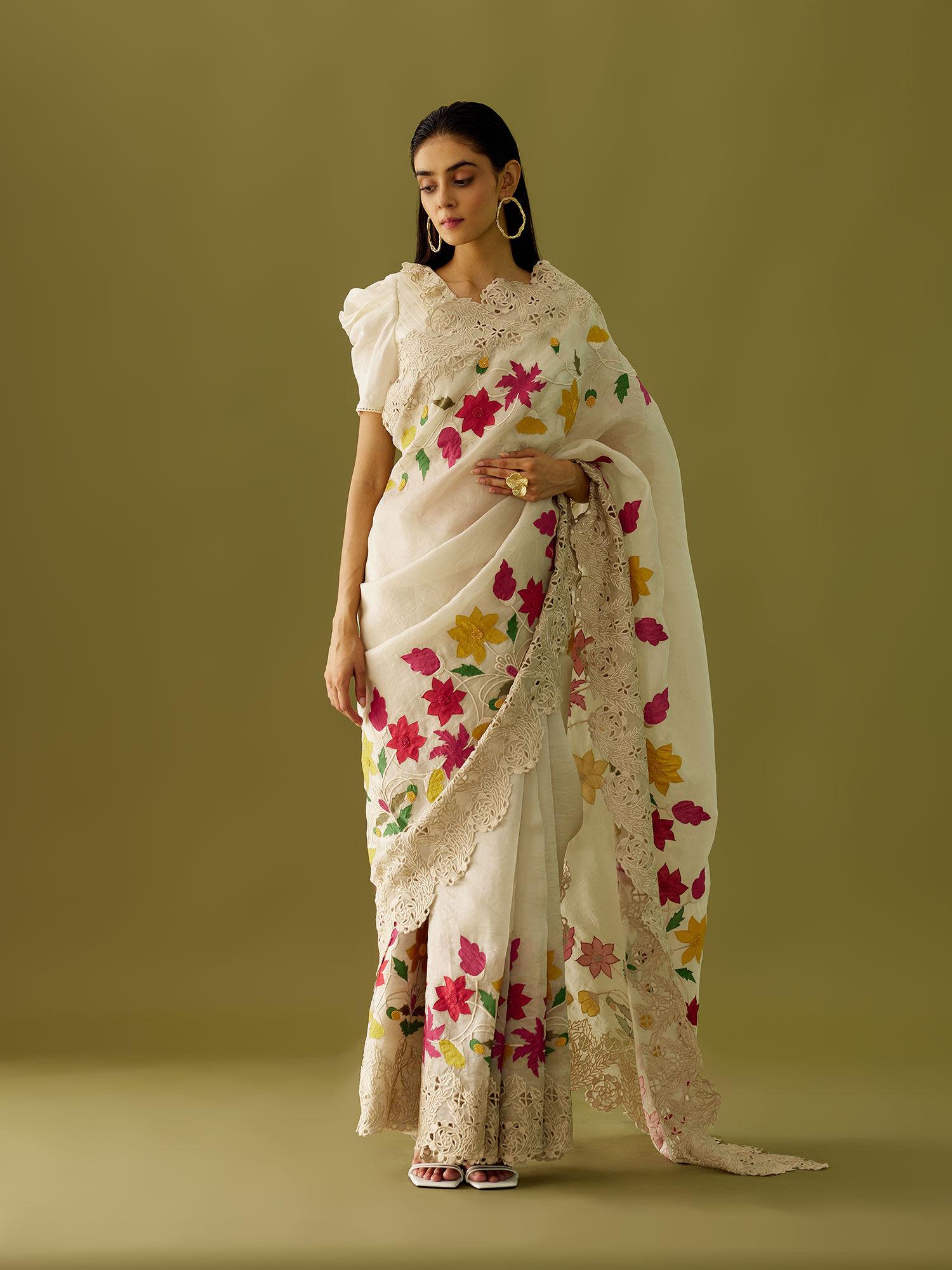 ivory cutwork and applique organza saree with stitched blouse (set of 2)