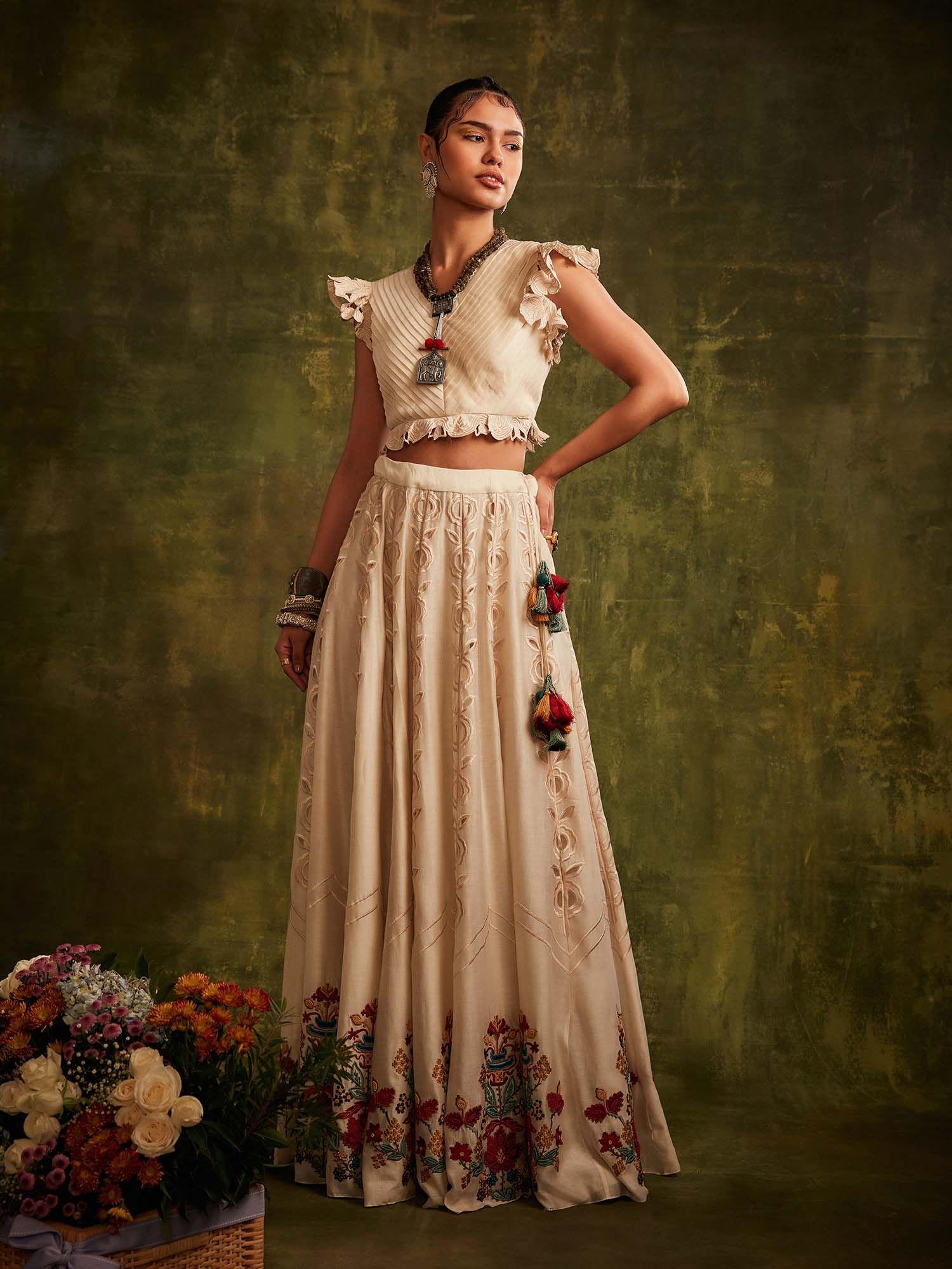 ivory cutwork and beadwork panel lehenga