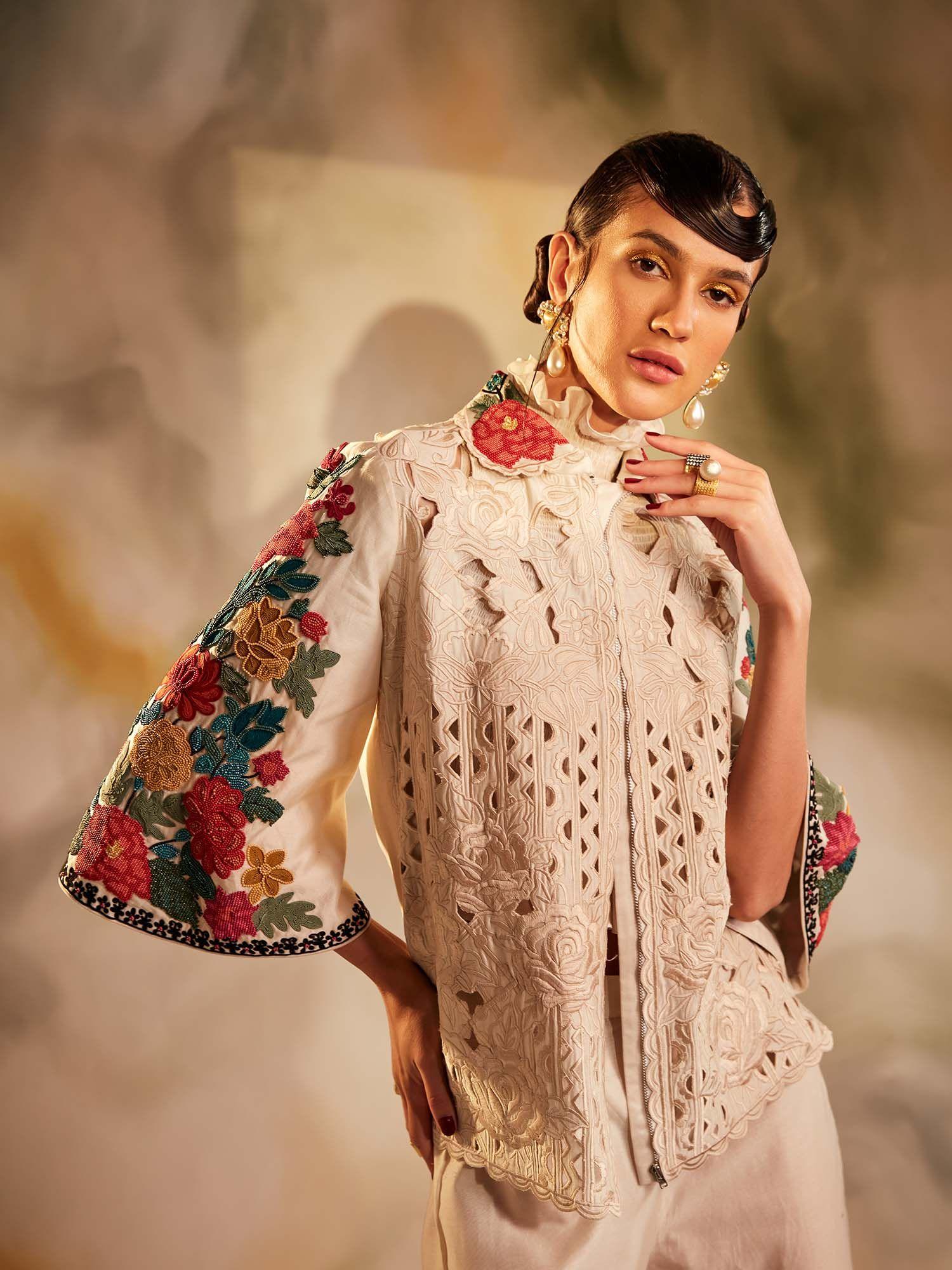 ivory cutwork and beadwork short jacket